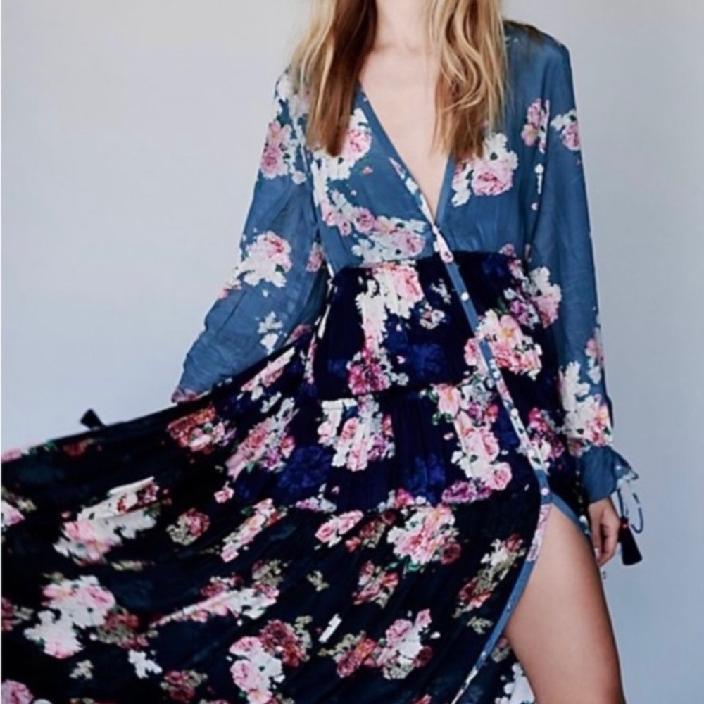 Free People Rare Floral Tiered Mixed Print Maxi Dress XS - Picture 3 of 16
